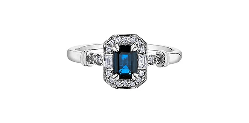 10K White Gold 0.75cttw Genuine Blue Sapphire and 0.08cttw Diamond Ring, size 6.5