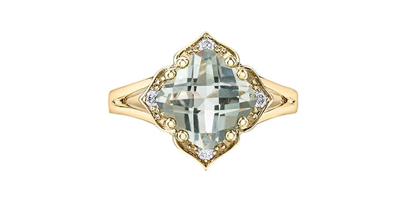 10K Yellow Gold Prasiolite (Green Amethyst) and Canadian Diamond Ring