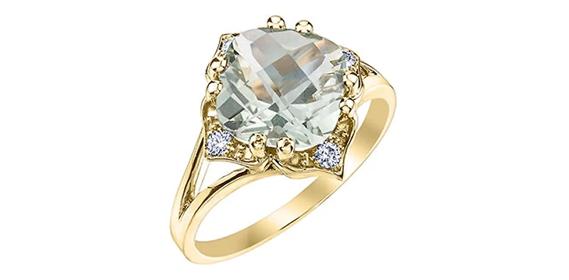 10K Yellow Gold Prasiolite (Green Amethyst) and Canadian Diamond Ring