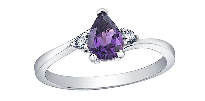 10K White Gold Amethyst and Canadian Diamond Ring, size 6