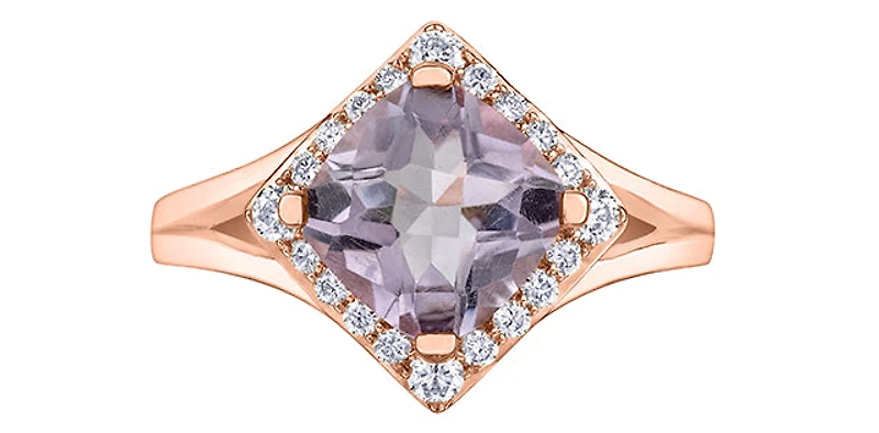 10K Rose Gold Pink Amethyst and Canadian Diamond Ring, size 6