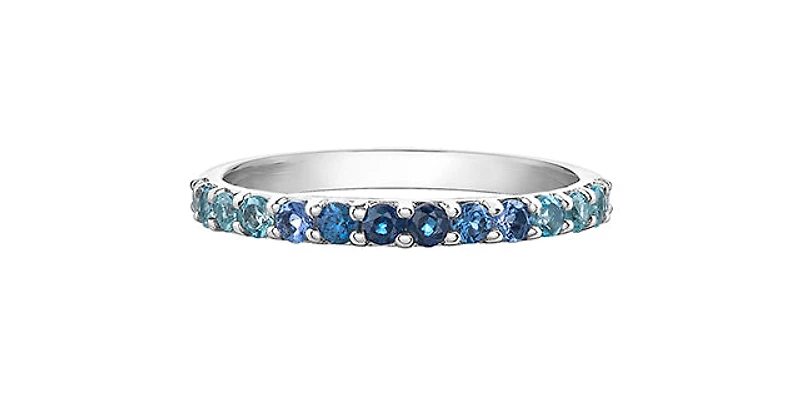 10K White Gold Genuine 2mm White Zircon, Aquamarine, Blue Zircon, Blue Topaz, Tanzanite, Ceylon Sapphire and Sapphire Gemstone Ring, size 6.5 - 4.5