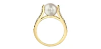 10K Yellow Gold Cultured Pearl and Diamond Ring, Size 6