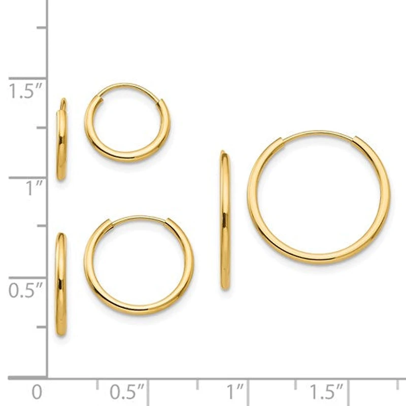 14k Polished Endless Hoop / Huggie / Sleeper 3 Pair Earring Set