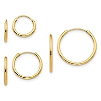 14k Polished Endless Hoop / Huggie / Sleeper 3 Pair Earring Set