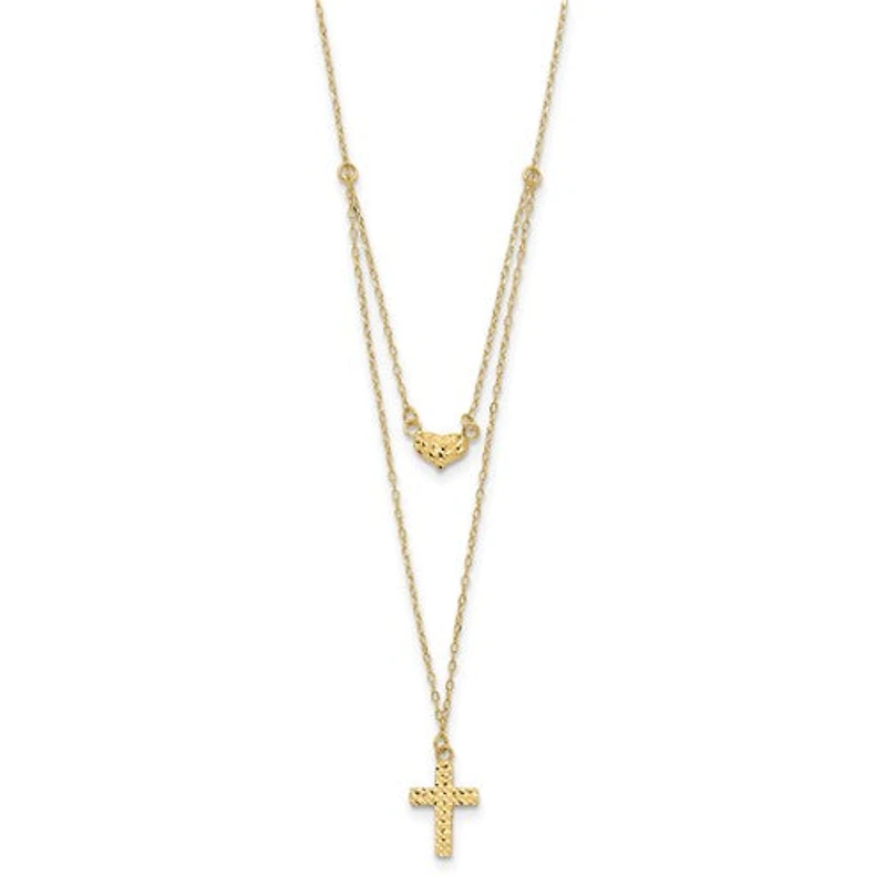14k Polished 2-Strand Diamond Cut Cross and Heart with 2in. Ext. Necklace - 16-18 Inches