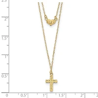 14k Polished 2-Strand Diamond Cut Cross and Heart with 2in. Ext. Necklace - 16-18 Inches