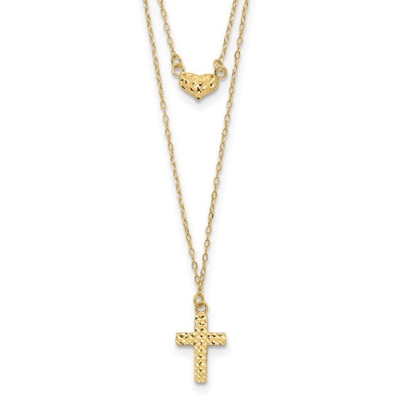 14k Polished 2-Strand Diamond Cut Cross and Heart with 2in. Ext. Necklace - 16-18 Inches
