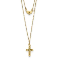 14k Polished 2-Strand Diamond Cut Cross and Heart with 2in. Ext. Necklace - 16-18 Inches