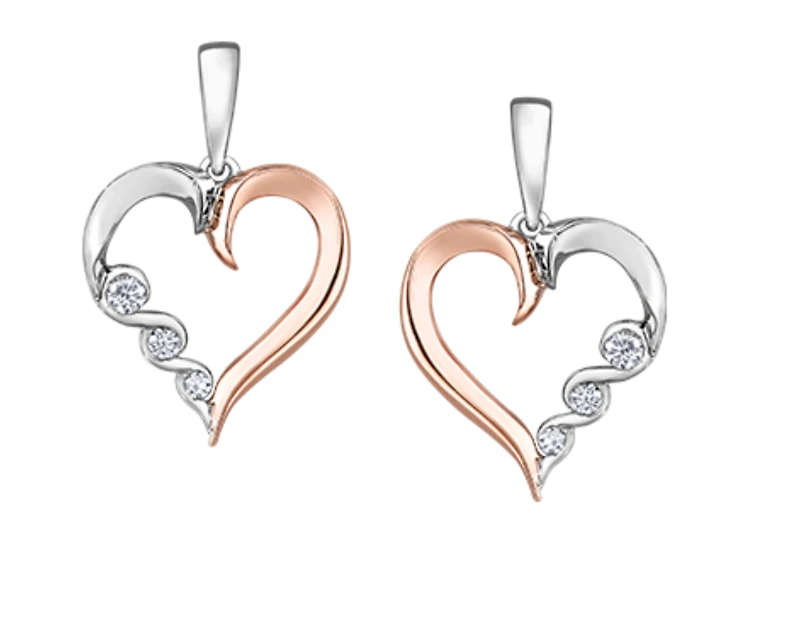 10K White & Rose Gold 0.14cttw Diamond Heart Drop Earrings 