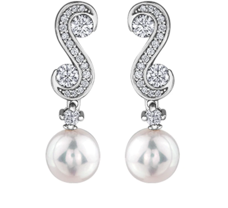 14K White Gold 8mm Cultured Pearl and 0.66cttw Diamond Earrings