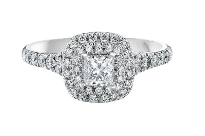 18K White Gold/Palladium Alloy (hypoallergenic) 0.91cttw Princess Double Halo Diamond Ring - Gold /