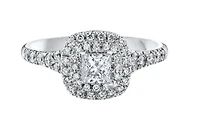 18K White Gold/Palladium Alloy (hypoallergenic) 0.91cttw Princess Double Halo Diamond Ring - Gold /