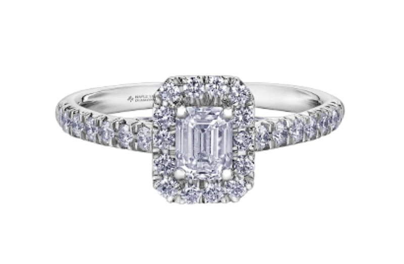 18K White Gold/Palladium Alloy (hypoallergenic) 1.00cttw Emerald Cut Halo Diamond Ring - Gold /