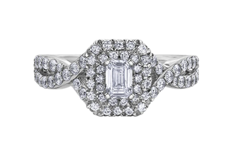 18K White Gold/Palladium Alloy (hypoallergenic) 1.00cttw Emerald Cut Double Halo Diamond Ring - Gold /