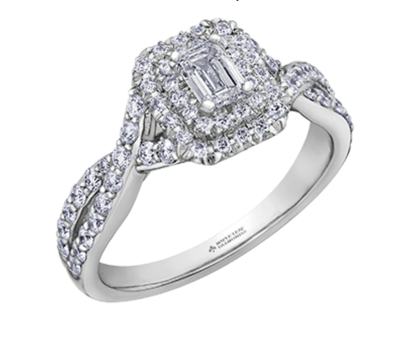 18K White Gold/Palladium Alloy (hypoallergenic) 1.00cttw Emerald Cut Double Halo Diamond Ring - Gold /
