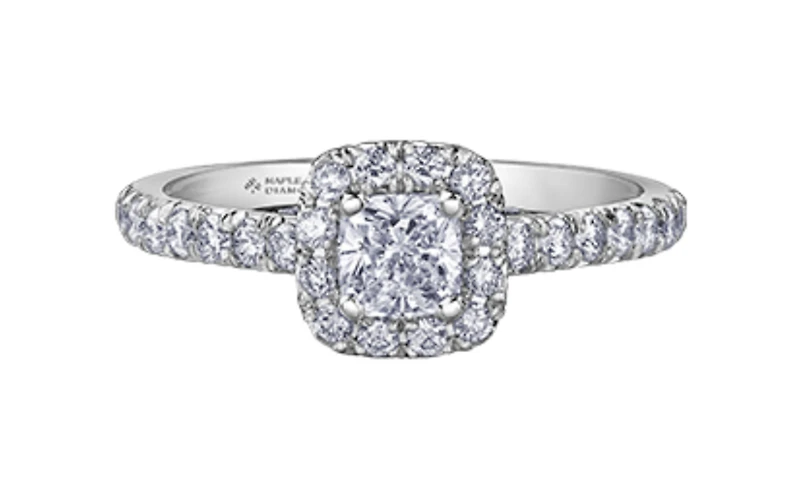 18K White Gold/Palladium Alloy (hypoallergenic) 1.00cttw Cushion Shape Halo Diamond Ring - Gold /