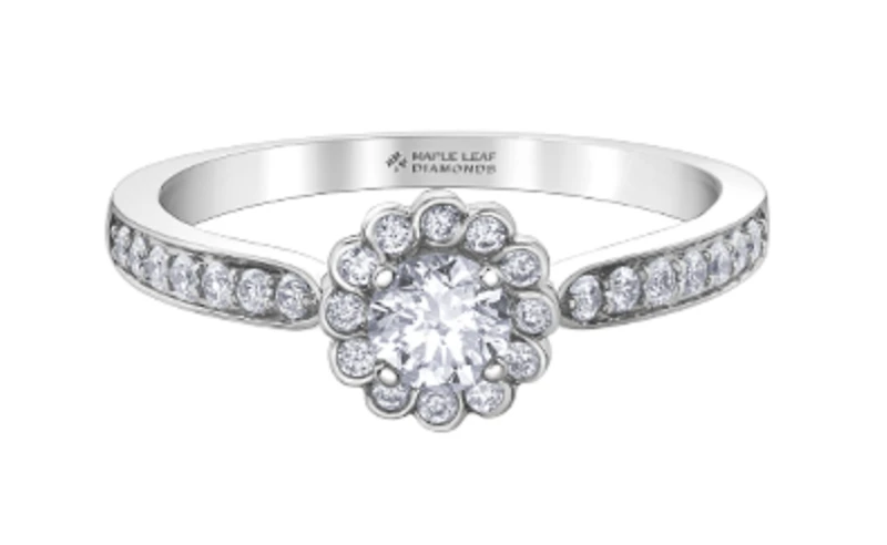 18K White Gold/Palladium Alloy (hypoallergenic) 0.60cttw Round Brilliant Diamond Halo Ring - Gold