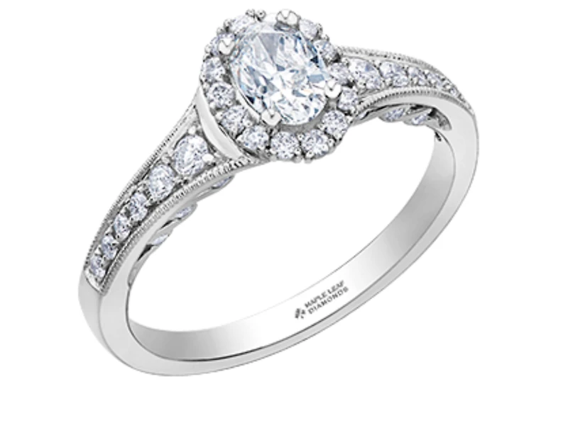 18K White Gold/Palladium Alloy (hypoallergenic) 0.90cttw Oval Shape Diamond Halo Ring - Gold /