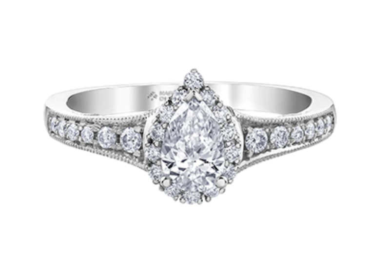 18K White Gold/Palladium Alloy (hypoallergenic) 0.90cttw Pear Shape Diamond Halo Ring - Gold /