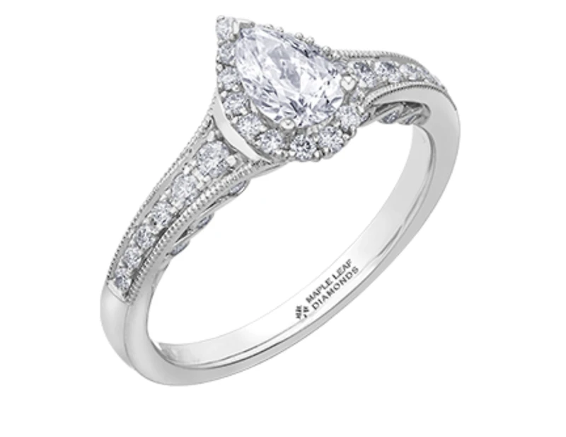 18K White Gold/Palladium Alloy (hypoallergenic) 0.90cttw Pear Shape Diamond Halo Ring - Gold /