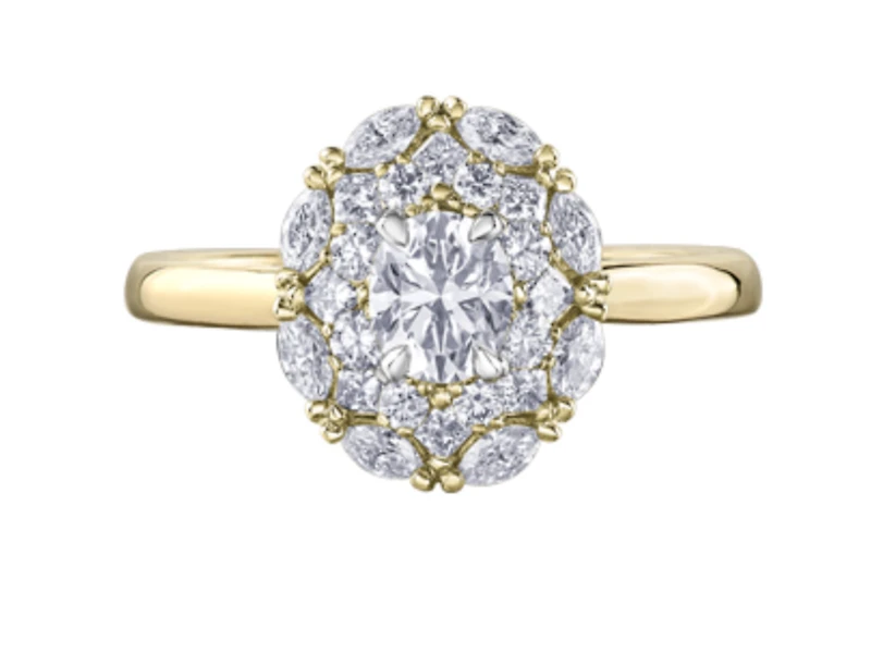 18K Yellow Gold/Palladium Alloy (hypoallergenic) 1.18cttw Round Brilliant Halo Diamond Ring