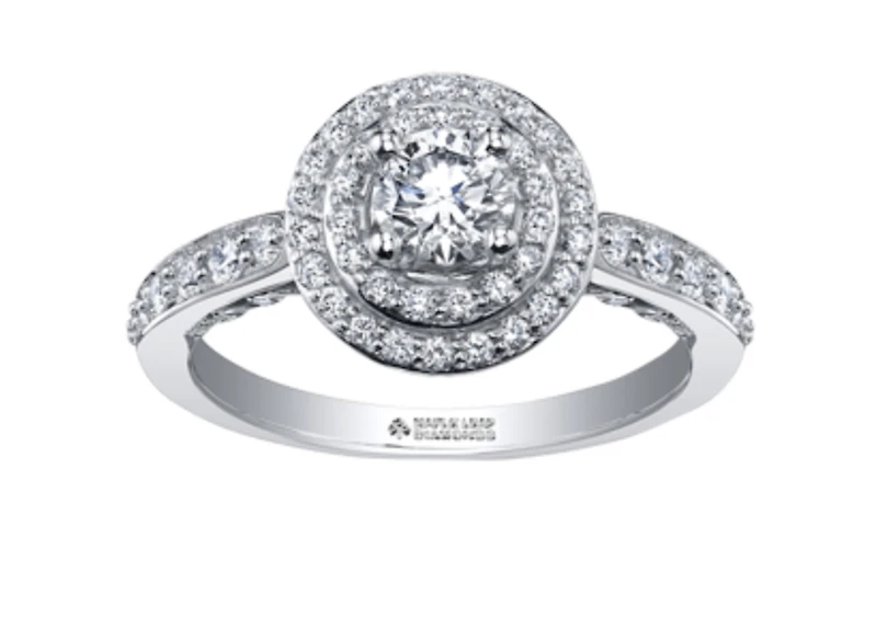 18K White Gold/Palladium Alloy (hypoallergenic) 0.90cttw Round Brilliant Double Halo Diamond Ring