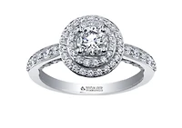 18K White Gold/Palladium Alloy (hypoallergenic) 0.90cttw Round Brilliant Double Halo Diamond Ring