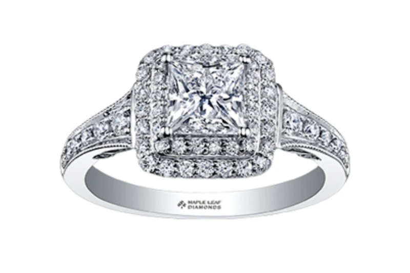 18K White Gold/Palladium Alloy (hypoallergenic) 0.65-1.50cttw Princess Shape Double Halo Diamond Ring - / Carat Total 5