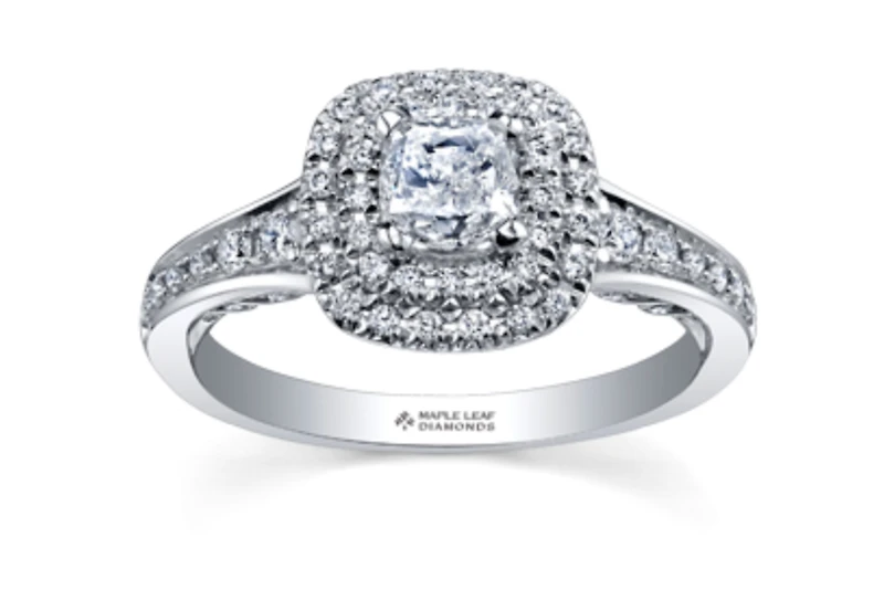 18K White Gold/Palladium Alloy (hypoallergenic) 0.65-1.50cttw Cushion Cut Double Halo Diamond Ring - / Carat Total