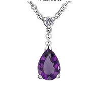 10K White Gold Genuine Pear Shape Amethyst and Canadian Diamond Pendant, 18"