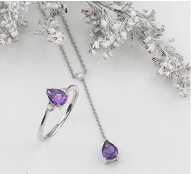 10K White Gold Genuine Pear Shape Amethyst and Canadian Diamond Pendant, 18"