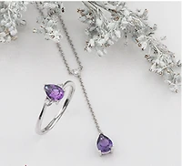 10K White Gold Genuine Pear Shape Amethyst and Canadian Diamond Pendant, 18"