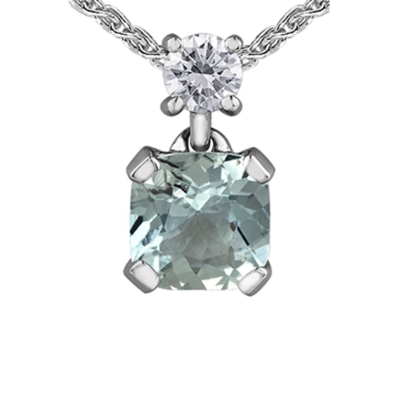 14K White Gold  Cushion Cut Aquamarine and 0.08cttw Canadian Diamond Pendant
