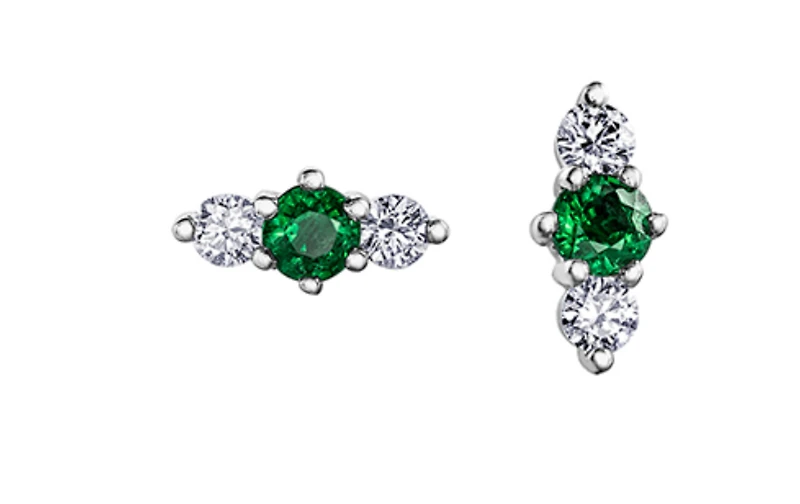 14K White Gold 0.40cttw (3mm) Emerald & 0.16cttw Diamond Earring