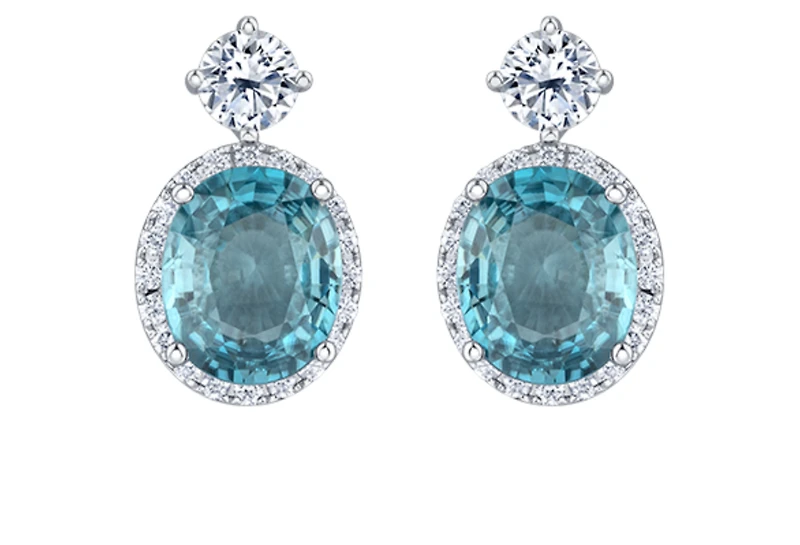 18K White Gold & Palladium Alloy(hypoallergenic) 12mmX10mm Genuine Oval Cut Blue Zircon and 2.08cttw Diamond Dangle Earrings