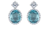 18K White Gold & Palladium Alloy(hypoallergenic) 12mmX10mm Genuine Oval Cut Blue Zircon and 2.08cttw Diamond Dangle Earrings
