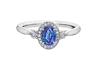 14K White Gold Genuine Oval Shape Tanzanite and 0.21cttw Canadian Diamond Ring, 6.5