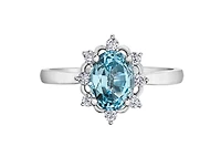 14K White Gold Genuine Oval Aquamarine and 0.16cttw Canadian Diamond Ring, 6.5