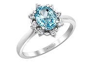14K White Gold Genuine Oval Aquamarine and 0.16cttw Canadian Diamond Ring, 6.5