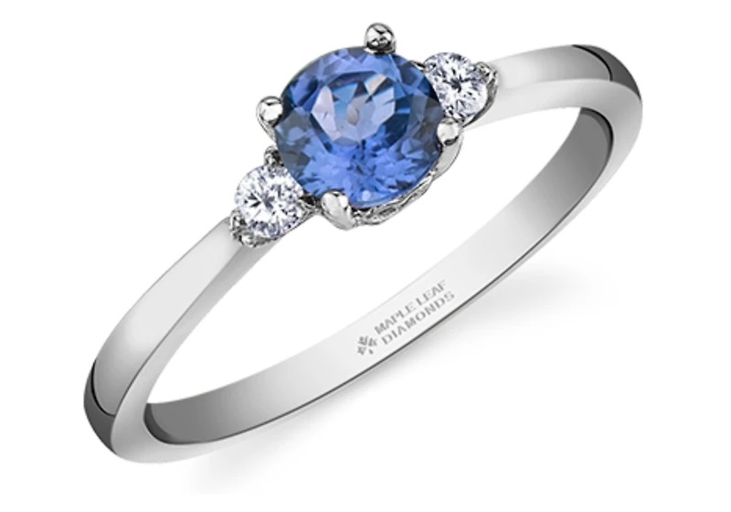 14K White Gold Genuine Round Tanzanite and 0.08cttw Canadian Diamond Ring, 6.5
