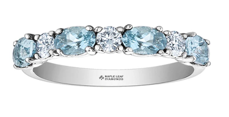 14K White Gold Genuine Round Aquamarine and 0.24cttw Canadian Diamond Ring, 6.5