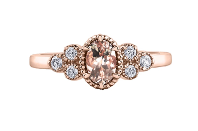 14K Rose Gold Genuine Oval Morganite & 0.14cttw Canadian Diamond Ring, 6.5