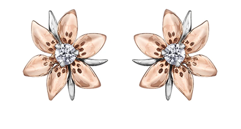 14K Rose and White Gold 0.13cttw Saskatchewan Provincial Flower Diamond Stud Earrings