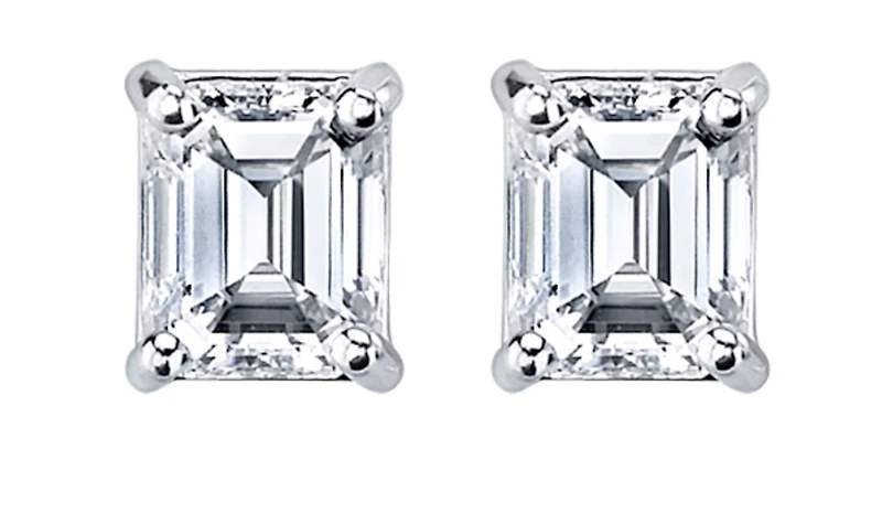 14K White Gold & Palladium Alloy (hypoallergenic) 1.00cttw Canadian Emerald Cut Diamond Stud Earrings