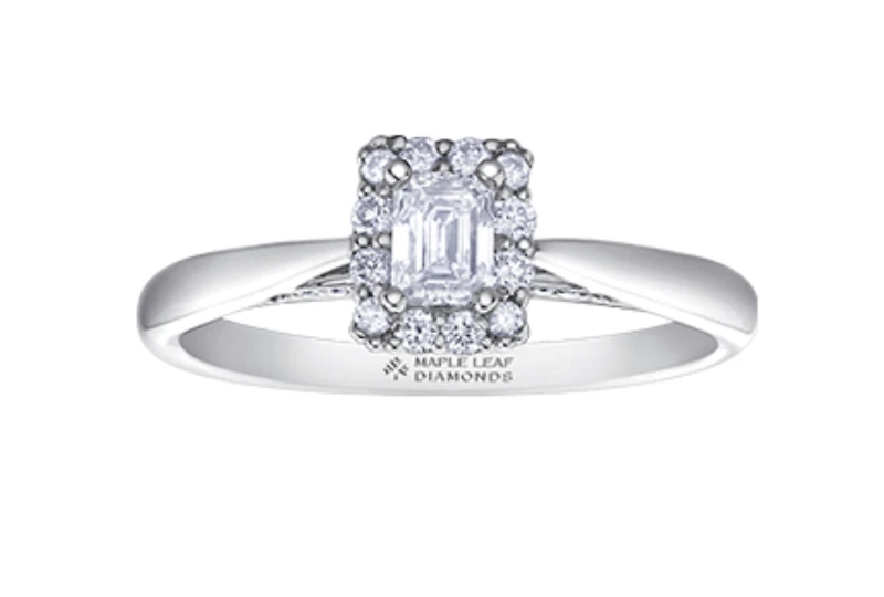 18K White Gold & Palladium Alloy (hypoallergenic) 0.49cttw Canadian Emerald Cut Diamond Engagement Ring