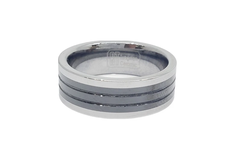 Tungsten Ceramic Triple Black Lined with Silver Edges LIMITED EDITION Ring - Size 10