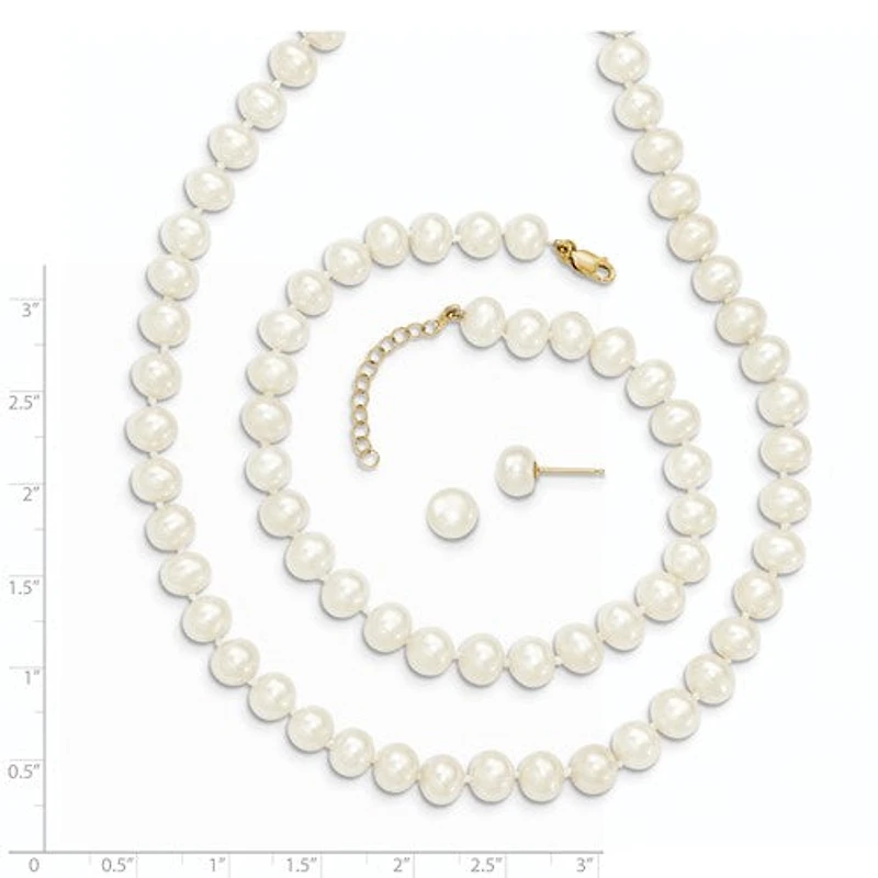 14k 6-7mm Fresh Water Cultured Pearl 7.25" with 1" Extender Bracelet 18" with 2" Extender Necklace and Earring Set