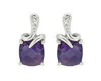 10K White Gold Cushion Cut Amethyst and 0.01cttw Diamond Slight Drop Earrings with Butterfly Backs