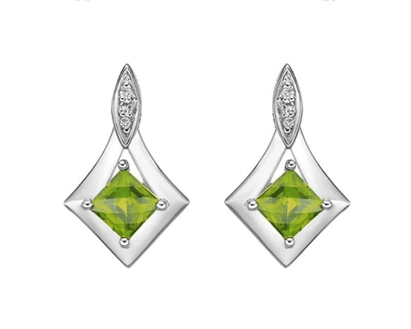 10K White Gold 4mm Princess Checkerboard Cut Peridot and 0.026cttw Diamond Dangle Earrings with Butterfly Backings